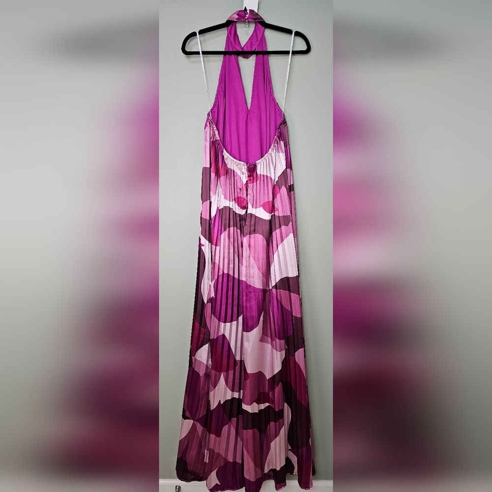 Lulus Prime Poise Pink Multi Abstract Satin Halter Maxi Dress, Size Large - Picture 10 of 12